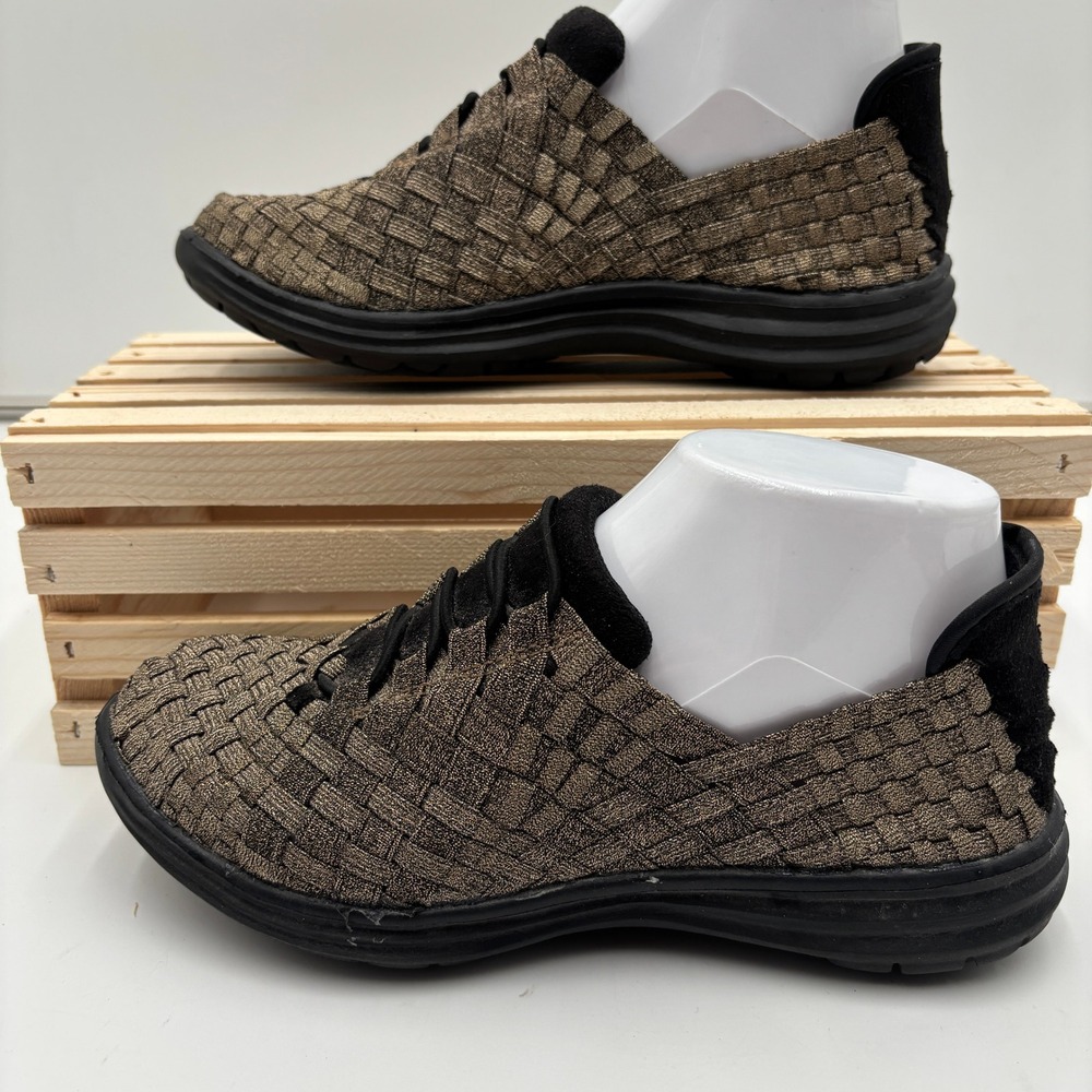 Bernie Mev Victoria Woven Elastic Comfort Shoes‎ Bronze Black Womens 5 Slip On